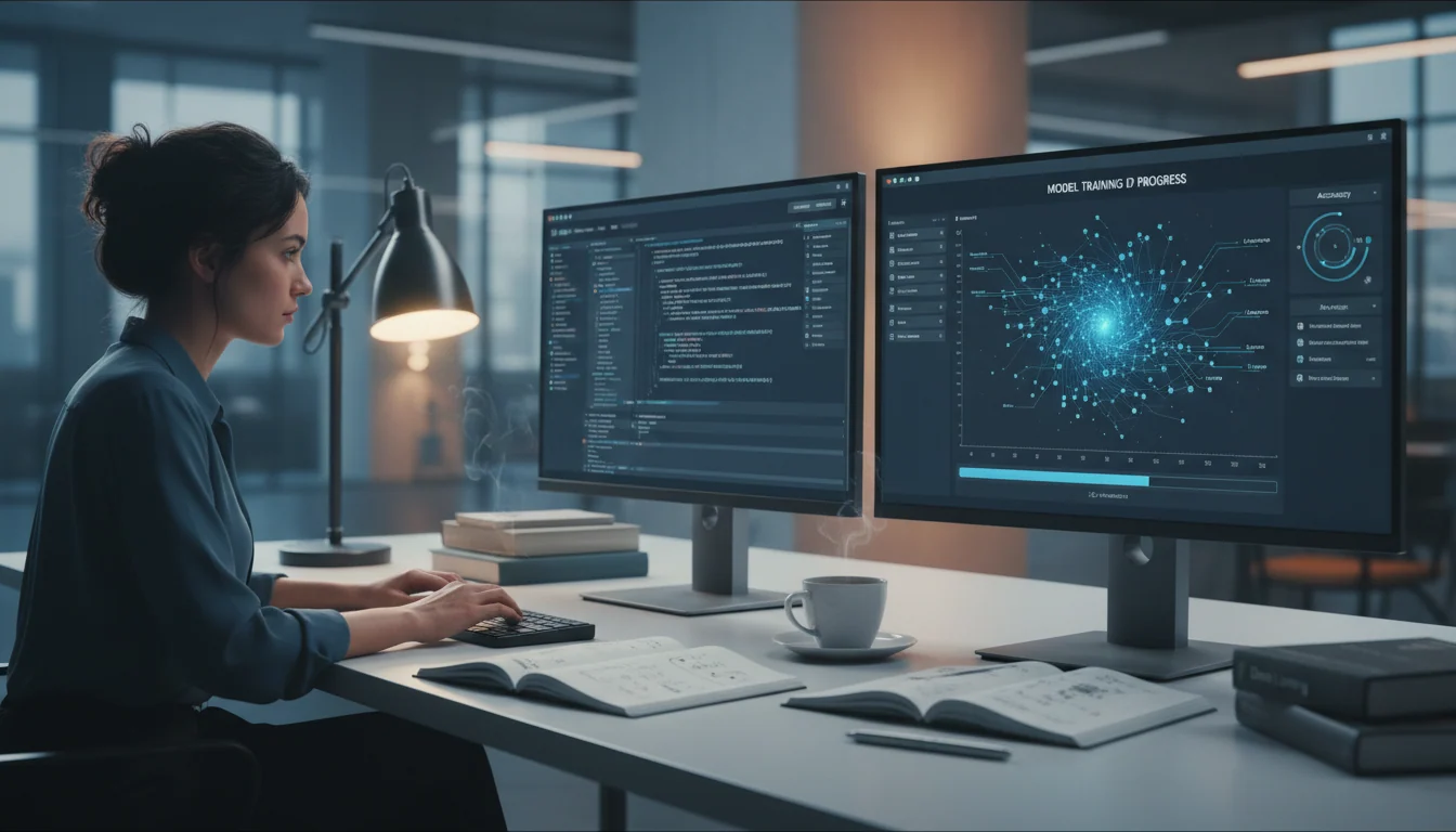 Developer collaborating with AI training interface showing code editor and neural network performance metrics side-by-side