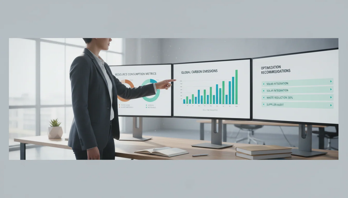 Sustainability consultant reviewing environmental data and carbon emissions metrics on multiple computer monitors in bright modern office