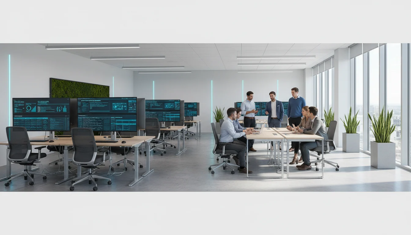 Modern open-plan AI evaluation lab with diverse professionals at workstations reviewing comparison dashboards and testing interfaces