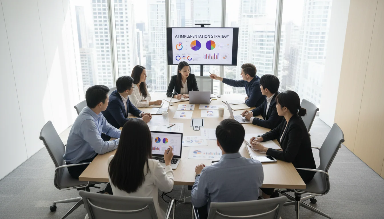 Diverse team of professionals collaborating in modern boardroom reviewing AI dashboards and machine learning strategy during business meeting