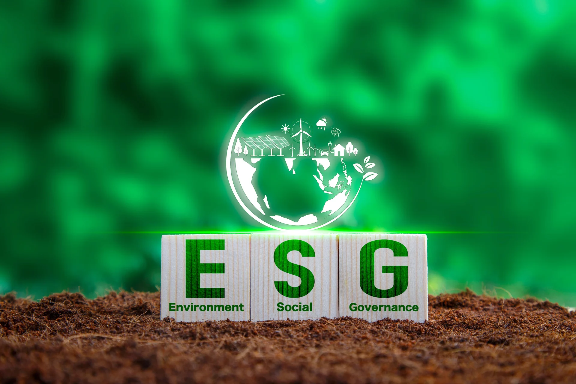 ESG icon in wood on green background. Renewable sustainable green energy icon on wood. Green energy Renewable that is important to the world. Environmental protection,Net zero emission. Carbon Credit